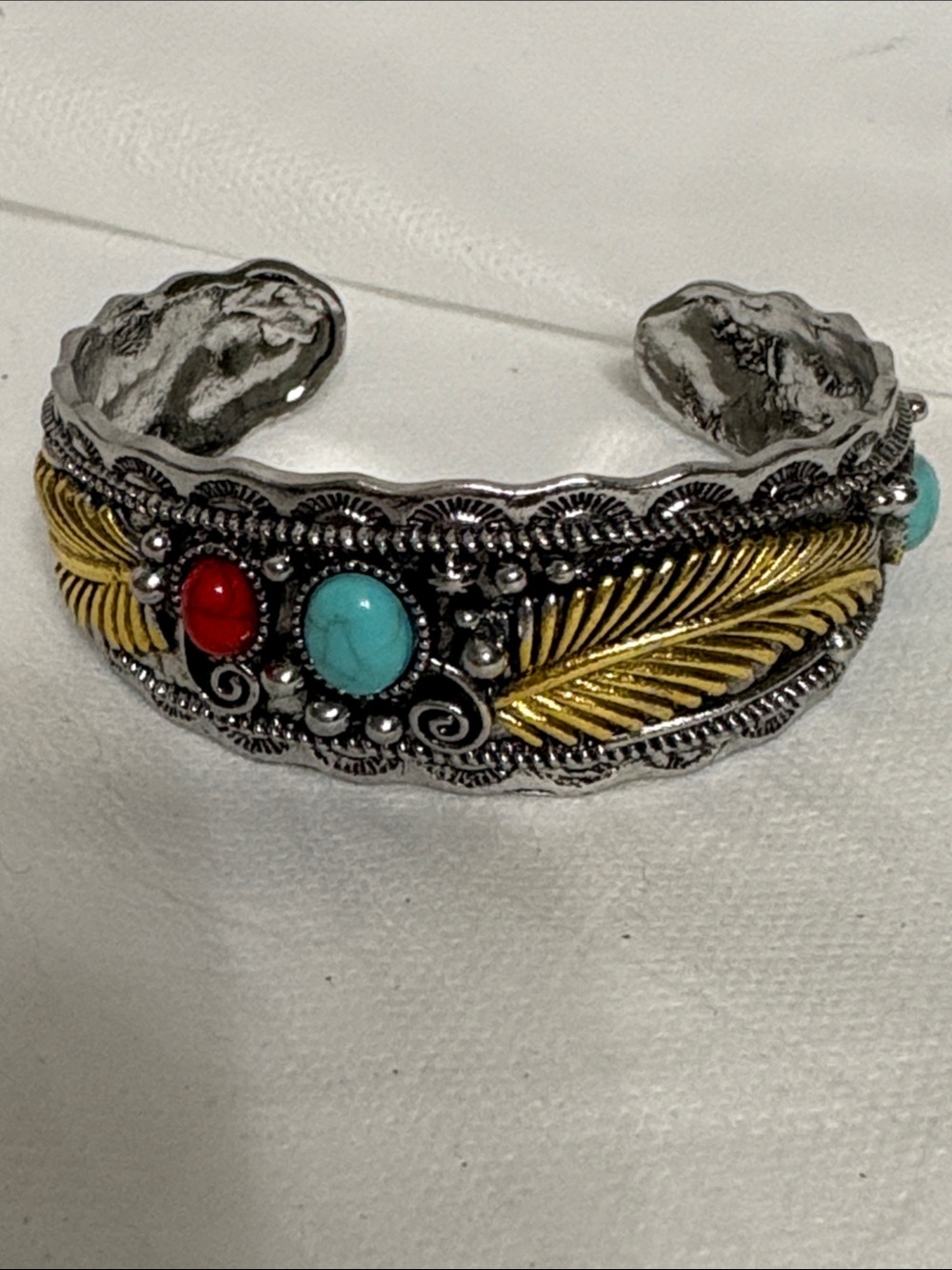 Feather Cuff Bracelet with Turquoise and Red Stones